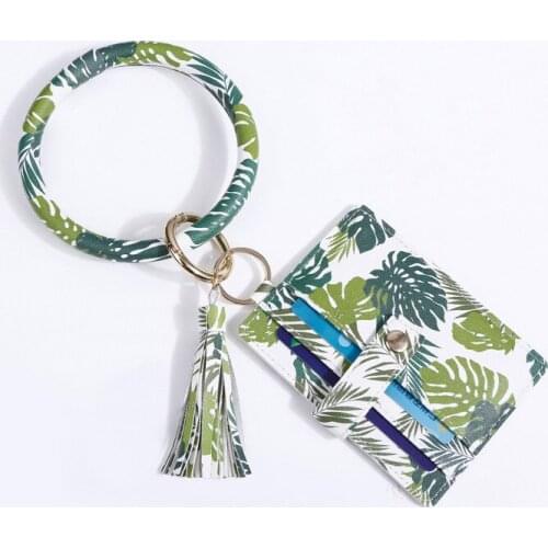 PU Leather Flower Print Summer Pattern Bracelet Keychain Multilayer Card Package Tassel Pendant Sports Bracelet Women Pendant
