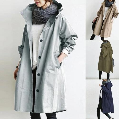 40%HOT Women Autumn Solid Color Pocket Hooded Windbreaker Long Trench Coat Outerwear