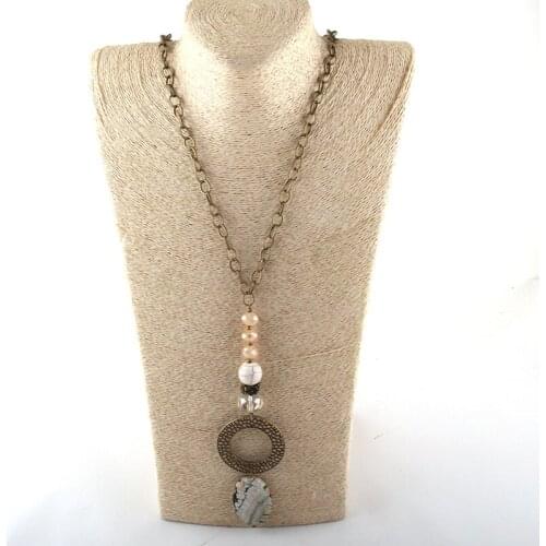 New Styles MOODPC Fashion Jewelry Long Chain Crystal & Netal Link Natural Stone Pendant Necklaces For Women Ethnic Necklace