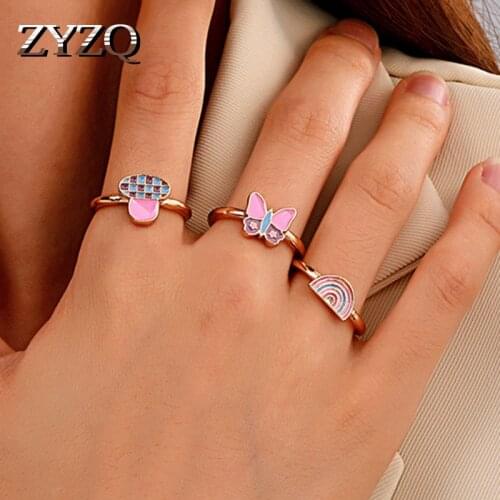 ZYZQ ins Creative Retro Rainbow Butterfly Ring For Women Personality Fun Geometric Ring Cute Mushroom Fashion Jewelry 2021