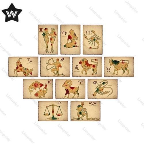 Retro Zodiac Tin Sign Metal Plate Vinatge Constellation Metal Poster Tin Plaque Shabby Style Metal Sign Tin Plate for Club Decor