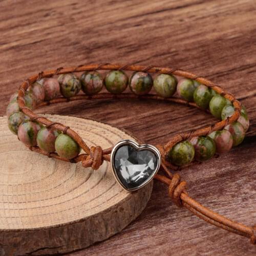 Chanfar 6mm Genuine Natural Dark Stone Beaded Heart Shaped Leather Cord Bracelet For Women Men Jewelry