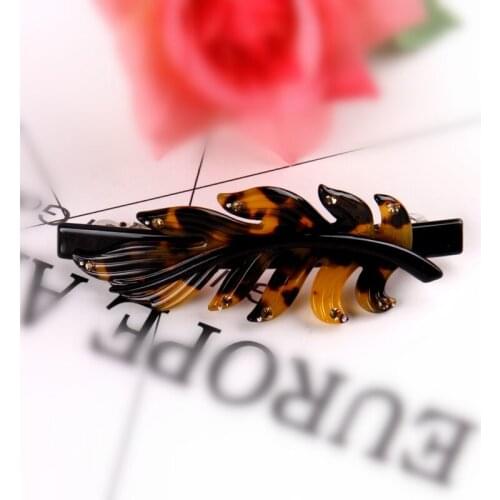 Buena Leopard Acrylic Hollow Leaf Barrette with Austrian Crystal Leaves Hair Clip for Women Rhinestone
