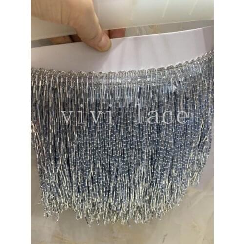 Cou0014-2# 5yards/bag 15 cm smoke grey mine silver beads ribbon fringe tassel for decorative/wedding bridal ball gown dress
