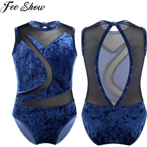 Kids Girls Sleeveless Gymnastics Leotard Bodysuit Pleuche Mesh Splice Cutout Back Ballet Dress Children Lyrical Dance Costumes