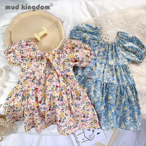 Mudkingdom Girls Dress Flower Backless Puff Sleeve Elastic Knee Length Cotton Dresses for Kids Fashion Cute Children Clothing