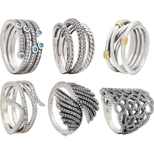 Lomeo 100% 925 silver serpentine feather interwoven exaggerated design ring suitable for European original womens DIY gifts