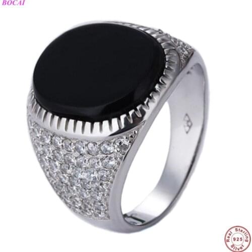 BOCAI S925 Sterling Silver Ring 2021 Fashion White Zircon Natural Black Agate Hand Ornament Pure Argentum Charm Jewelry for Men