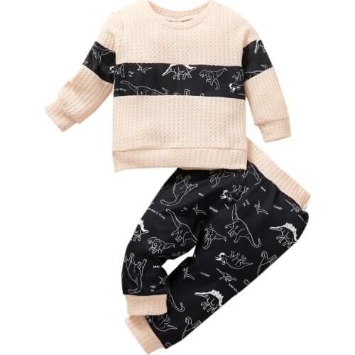 0-24M Infant Kids Boy Spring Tracksuit Stitching Dinosaur Print Long Sleeves Pullover Shirt Pants