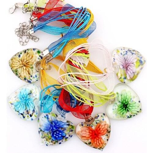Fashion Wholesale lots 6pcs handmade Murano Lampwork Glass Mixed Color Inside Red Flower Pendants Silk Cords Necklace necl0007