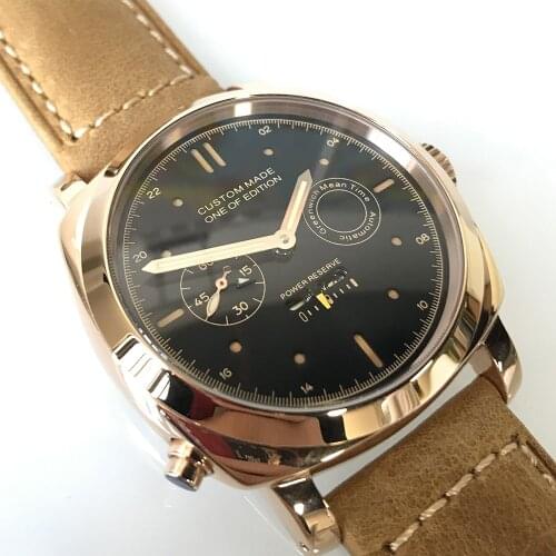 44mm Watch Men Steel Power Reserve Seagull Automatic Movement Luminous Date Watches Mens Clock Military Leather Strap P16