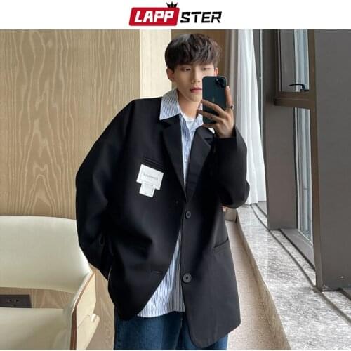 LAPPSTER Men Korean Fashion Causal Blazers 2021 Autumn Japanese Streetwear Black Suit Jackets Male Oversized Vintage Blazer 5XL