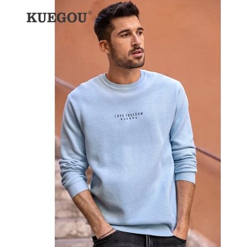 KUEGOU 100% Cotton Autumn Winter Mens Sweaters Simple Knitting Sweater Embroidery Pullovers Men Top Plus Size BZ-12596