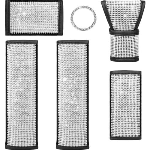 6PCS Bling Car Accessories Set,Bling Seat Covers, Bling Car Gear Shift Cover,Handbrake Cover, Handle Cover, Sticker Ring