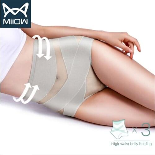 MiiOW High-waist Underwear Womens Belly-up Hips 100% Pure Cotton Antibacterial Crotch Sexy Lace Shaping Waist Thongs Sexy