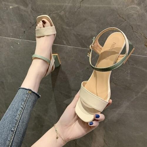 New 2021 Summer Sandals Knitted Buckle Fish Mouth Ankle Strap 4cm Middle Heel Yellow Green Black Beige Large Size 42