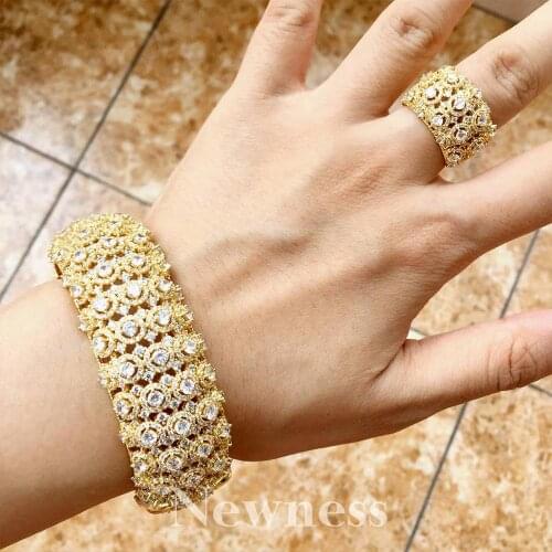 Newness Delicate Shiny Flowers Unique African Bangle Ring Set Jewelry Sets For Women Wedding Cubic Zircon Crystal CZ