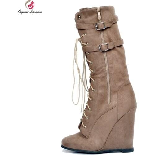 Original Intention New Fashion Women Mid-Calf Boots Stylish Round Toe Wedges Boots Sexy Brown Shoes Woman Plus US Size 4-15