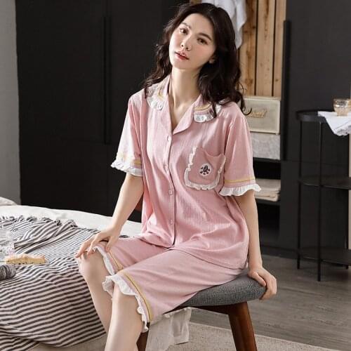 Korean Large Size Pajamas For Women New Spring Summer Pyjamas Set Cotton Linen Lapel Sweet Home Clothes 2021 Pijama Mujer