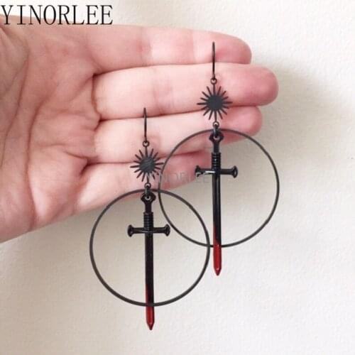 Black Night Warrior Earrings Sun Ring Sword Earrings Classic Eardrop Big Sword Statement Mystical Halloween Jewellery Women Gift