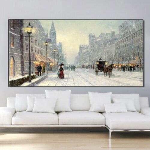 Modern City Winter Snow Landscape Oil Painting on Canvas Abstract Posters and Prints Cuadros Wall Art Pictures for Living Room