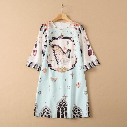 European and American womens clothing spring 2021 new Seven-point sleeve nail beads Fashion guzheng print dress