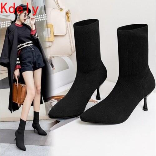 2020 New Comfort Stretch Women Sock Boots Square High Heel Ankle Boots Fashion Pointed Toe Fall Stretch Shoes Black Big Size