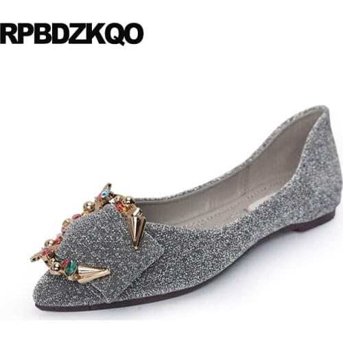 Diamond autumn spring bling sequins single shoes rhinestone flats women glitter crystal metal wedding green silver pointed toe
