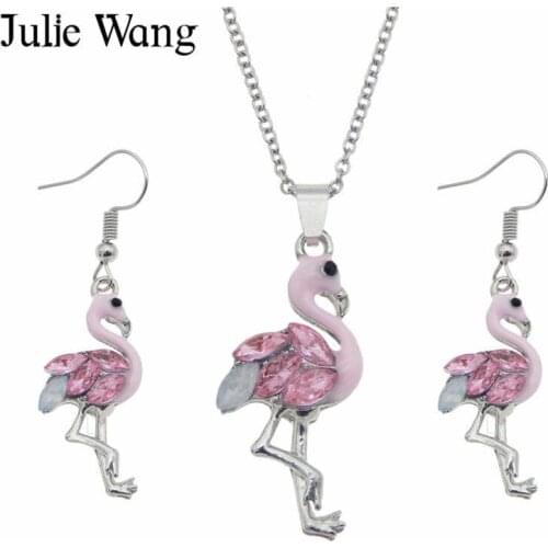 Julie Wang Enamel Flamingo Jewelry Sets Necklace Pendants Earrings Set Rhinestone Alloy Fashion Women Choker Party Gifts