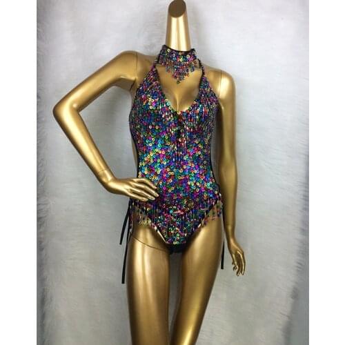 2019 Womens Full Sequins Beading Flashing Bodysuit One Piece Dance Wear Nightclub Party Stage Wear Latin Sexy Costumes Outfit