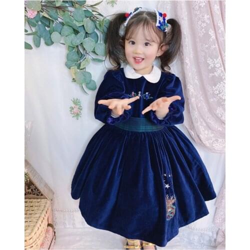 Winter Girls Lolita Dress Embroidered Princess Blue Velvet Petal Collar Dress Spanish Children Dress Girls Eid Christmas Dress