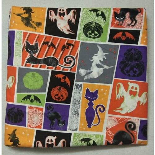 50x105cm Halloween Checks Pumpkin Ghost Bat Cat Printed Cotton Fabric Cloth Dress Home Decor