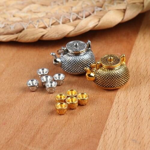 6Pcs/set Doll House Miniature Metal Tea Doll House Furniture Miniature Dining Ware Toy Teapot Cup