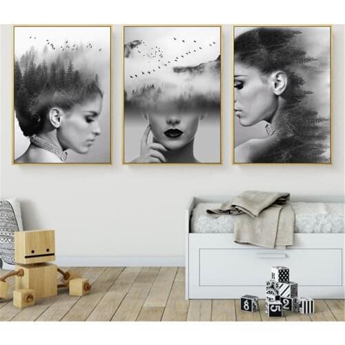 Abstract Beautiful Fashion Forest Girl Black and White Painting Canvas Wall Art Posters Print Pictures For Living Room Decora