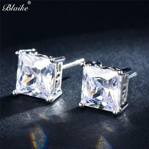Blaike Simple Fashion Square White Zircon Stud Earrings for Women Silver Color Birthstone Earrings Wedding Jewelry