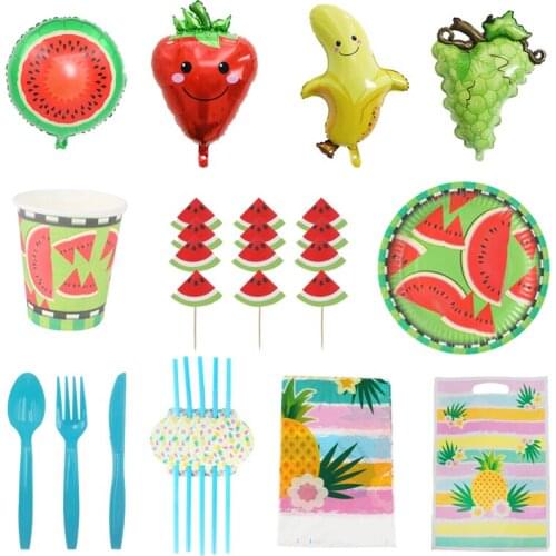 Fruits Theme Strawberry Watermelon Lemon Tablecloth Paper Plates Cups Disposable Tableware Set Hawaii Party Supply Decorations