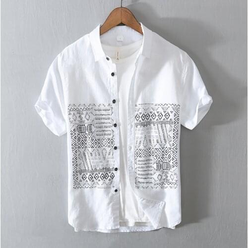 Short Sleeve Cotton Linen Shirts for Men Summer Japanese Fashion Print Tops Male Casual Turn-down Collar White Retro Clothes