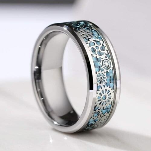 8mm Tungsten Carbide Rings Wedding with Band Gear Wheel Blue Carbon Fiber Inlay Fashion Jewelry for Anniversary Gift