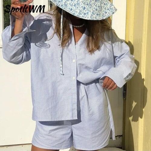SpotLtWM Summer Short Sets Women 2021 Long Sleeve Shirt Pajamas Blue Striped High Waist Shorts Mujer Two Piece Set