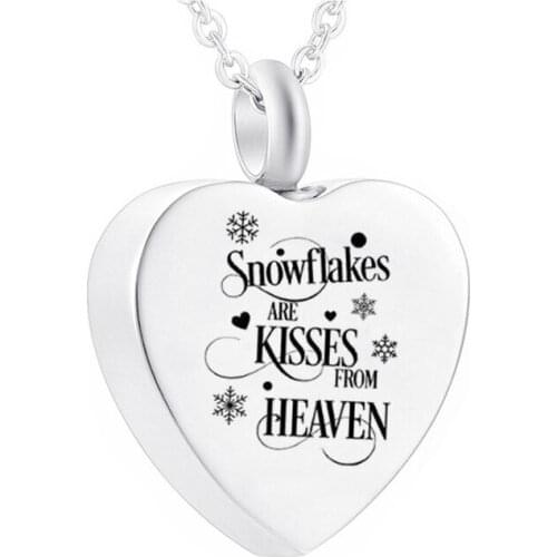 Cremation Jewelry Heart Pendant Engraved with -Snowflakes KISSES HEAVEN-Stainless Steel Aluminum Alloy Urn Necklace
