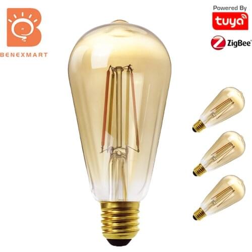 Benexmart 4 Pcs Zigbee LED Filament Bulb Dual White E27 Tungsten Light ST64 Dimmable Lamp Tuya Smart 220V Smartthings Alexa