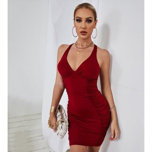 21 summer new female green army wine red sexy backless sleeveless fashion DJ tight party three-dimensional tailoring mini dress