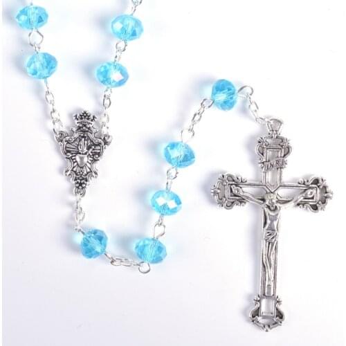 Trendy Religious Faceted Elliptical Transparent Blue Beads 2017 Fatima Rosary Necklace