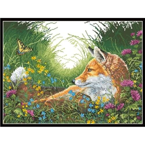 Fox in The Flowers Counted Cross Stitch Kits Patterns Print Canvas Embroidery Needlework Sets 11CT 14CT Diy Home Decor Paintings