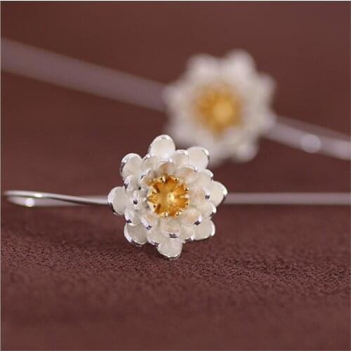 New Arrival Fashion Temperament Thai Craft Flowers 925 Sterling Silver Jewelry Ear Hook Lotus Personality Earrings SE95