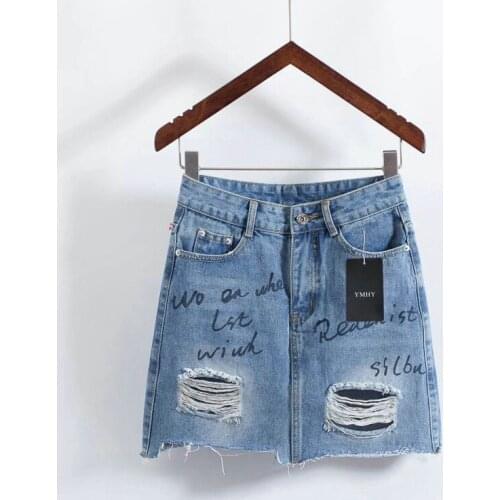 OLGITUM 2019 Women Cowboy Hole Skirts Letter Print A-Line Skirts Mini Girl Cool Skirt SK191