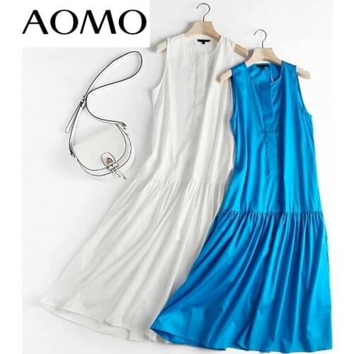 AOMO Women White Cotton Tank Dress Sleeveless Buttons 2021 Summer Fashion Lady Maxi Dresses High Quality 4C135A