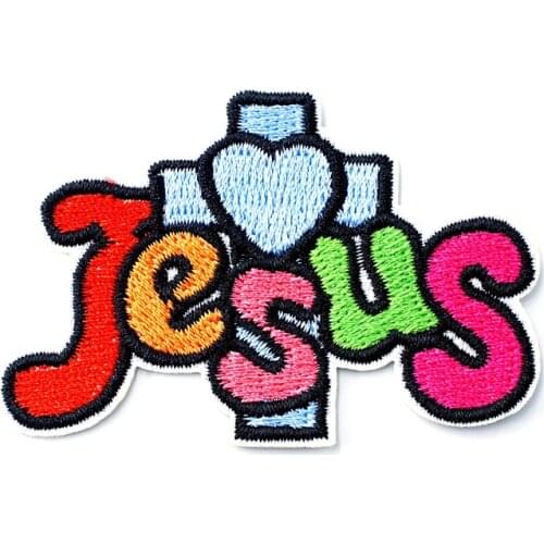 JESUS Size:4.0x6.0cm Embroidered Patch for Clothing Iron on Sew Applique Cute Fabric Clothes Shoes Bags DIY Decoration Patches