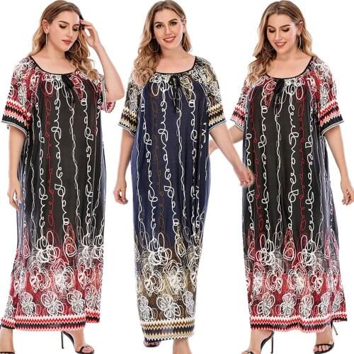 Plus Size Kaftan Maxi Dress Muslim Women Short Sleeve Floral Print Long Party Gown Casual Caftan Islamic Clothing Abaya Dubai