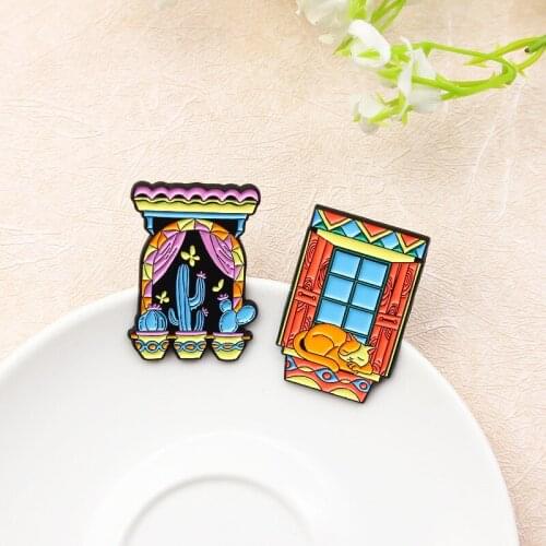 Romantic And Beautiful Cactus Plant Alloy Enamel Brooch Under The Window Sill Cartoon Cute Lazy Cat Window Design Badge Pin